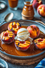 Grilled peaches served with a scoop of vanilla ice cream on a rustic plate, drizzled with caramel sauce. 