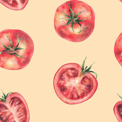 Red tomatoes vegetables watercolor seamless pattern. Whole and half sliced fruit with stalk. Hand drawn realistic plant illustration. Food fabric design, kitchen wallpaper Isolated coloured background