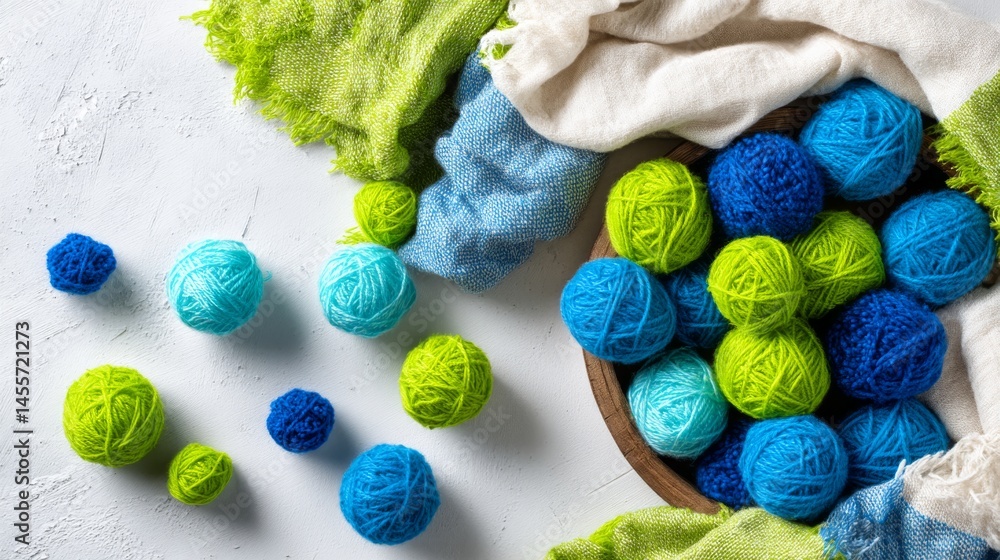 Poster blue and green yarn balls are scattered loosely across a clean white background, forming a soft and 