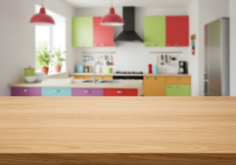 Modern Wooden Table in Vibrant Kitchen, Ideal for Showcasing Fresh Produce and Gadgets