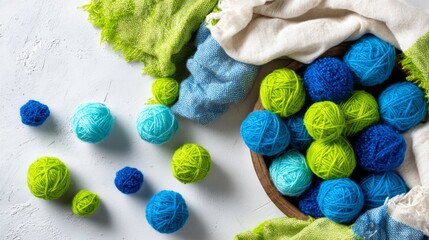 Blue and green yarn balls are scattered loosely across a clean white background, forming a soft and inviting arrangement with copy space available for text