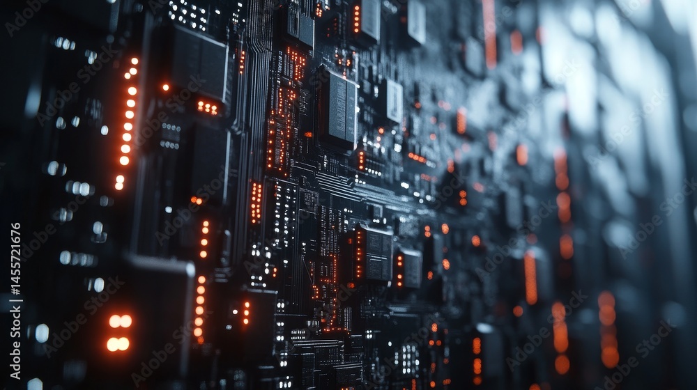 Poster close-up view of electronic circuit board showcasing intricate details with glowing components