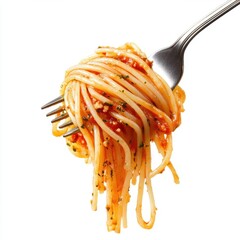 Spaghetti twirled on a fork, pasta with tomato sauce and herbs, Italian cuisine close up shot