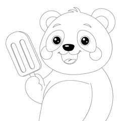 Black and white vector coloring page with cute cartoon panda holding ice cream. Fun printable activity for kids, preschool, or classroom. Outline drawing for coloring book.
