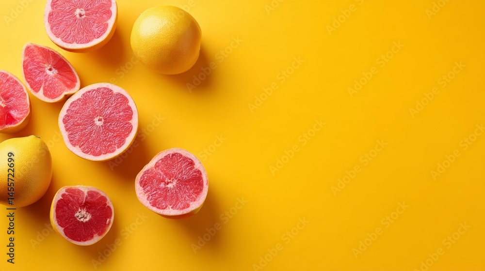 Poster whole and halved grapefruits showcase their vibrant pink pulp and juicy texture on a solid yellow ba