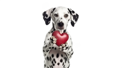 Dalmatian dog holding red heart valentine's day love pet animal cute on transparent background