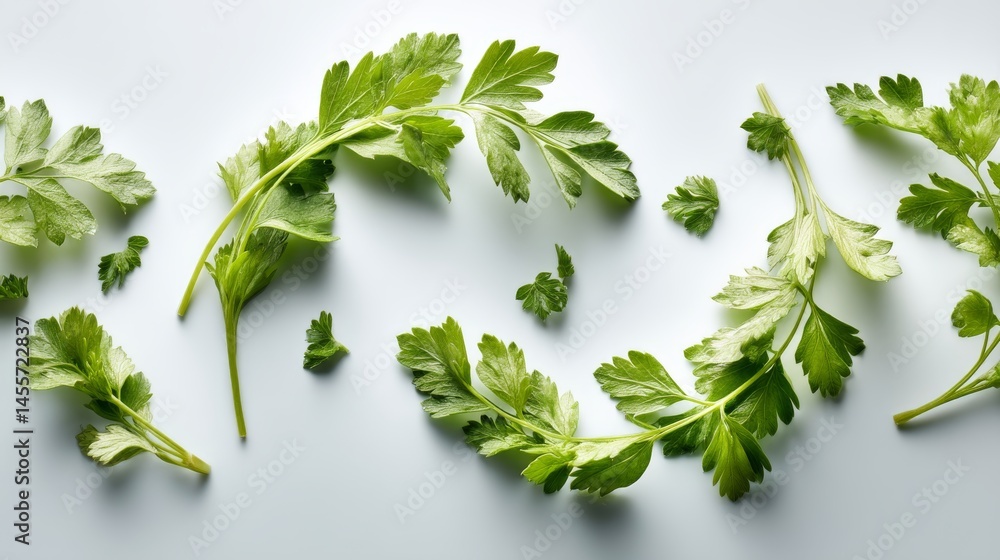 Aufkleber fresh parsley sprigs create a lively radial arrangement on a soft white surface, providing a bright 