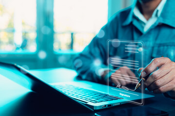 A business professional signing a digital document using an electronic signature on a futuristic interface.paperless contracts, e-signature technology, secure agreements, and digital transformation.