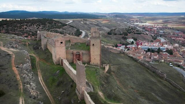 Molina de Aragon castel and village in Spain. High quality 4k drone footage.