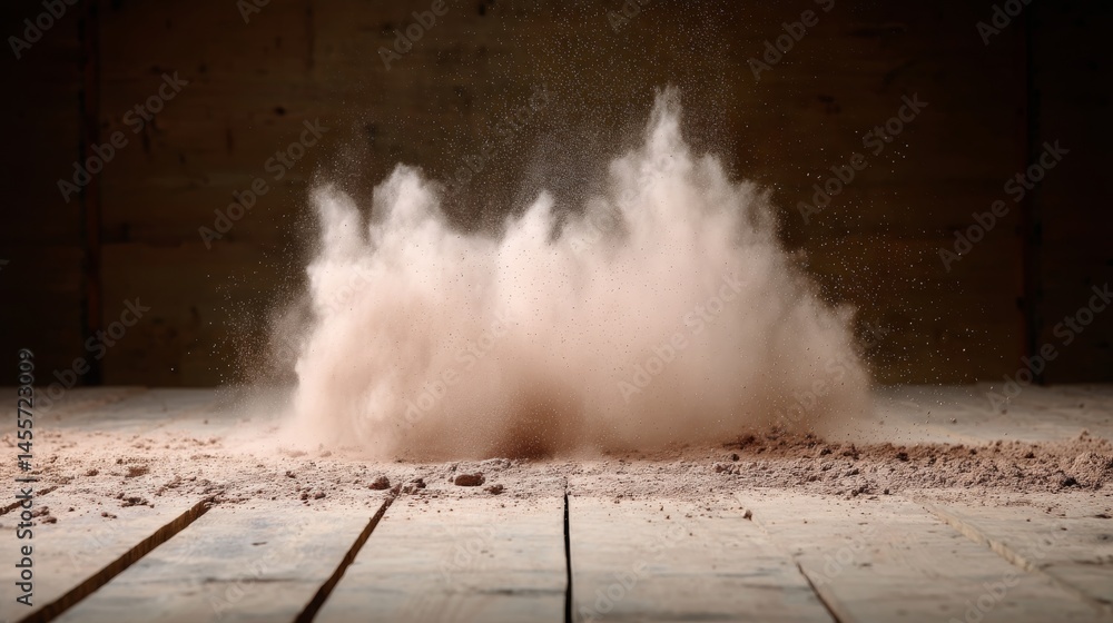Poster Ground cloves create a stunning cloud that rises above a rustic wooden table, with particles of spice dancing in the air and copy space available for text
