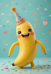 Charming Kawaii Banana with Party Hat, Confetti, and Hearts