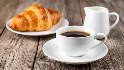 Warm Coffee and Croissant on Rustic Wooden Table