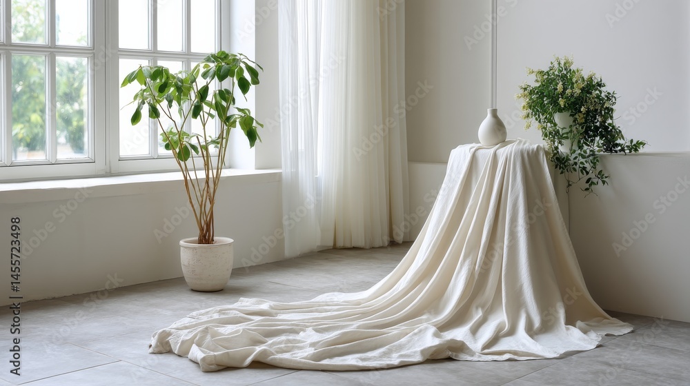 Poster a soft ivory fabric is elegantly draped on a pedestal, providing an ideal setting for product photog