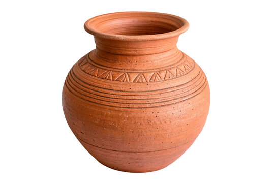 Ancient brown earthenware pot, a handmade clay object isolated on white