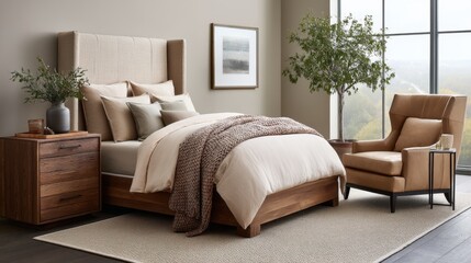 Fototapeta premium Serene bedroom filled with warmth featuring a plush bed with creamy linens, a knitted throw, and warm wooden furniture against a tranquil backdrop