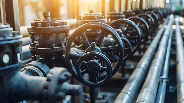 A row of industrial valves and connecting pipes are seen together