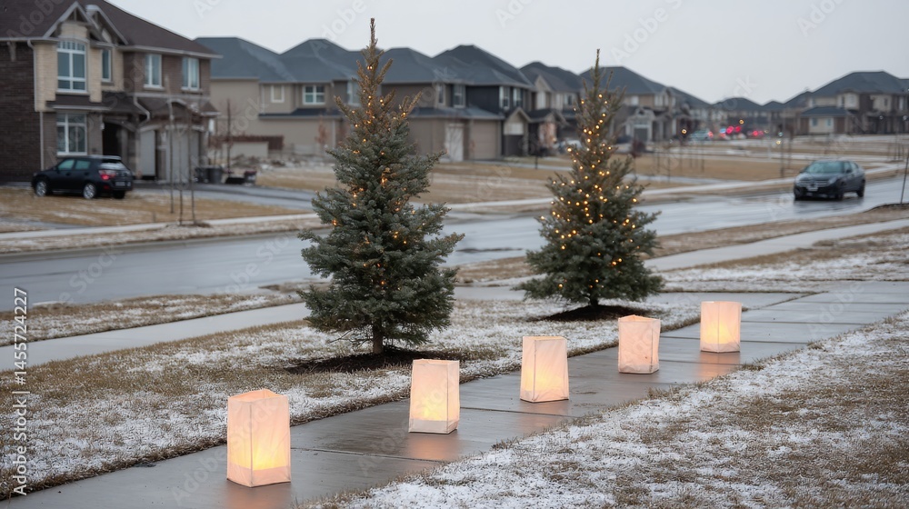 Aufkleber Three snow-dusted pine trees stand in a peaceful winter hamlet, lined by glowing lanterns on a frosty path that beckons under soft twilight light