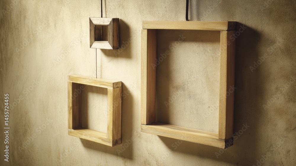 Leinwandbilder Three empty rectangular wooden frames hang on a textured cream wall, creating a minimalist aesthetic in a studio. Soft daylight enhances the artistic vibe
