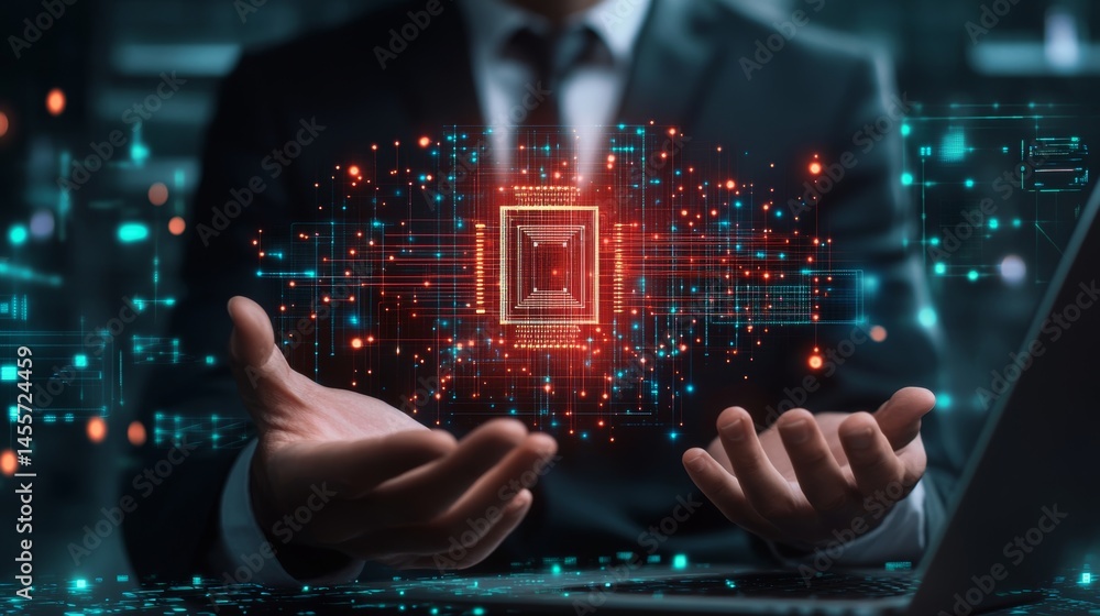 Poster showcasing advanced technology with a digital hologram of a processor in hands, capturing the essenc