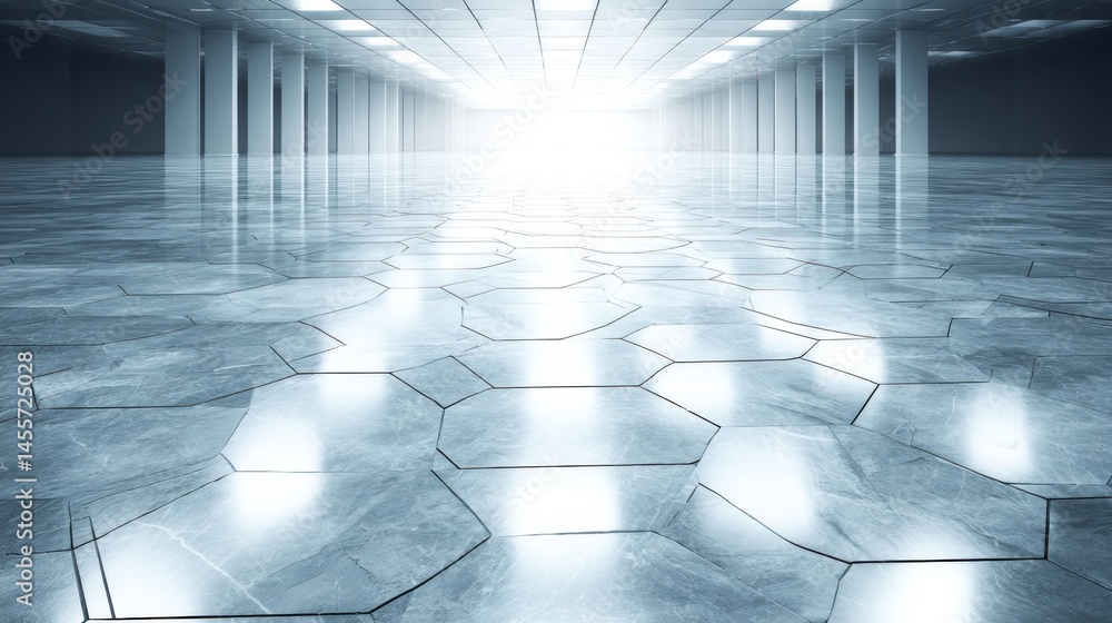 Fototapete Wide shot captures a polished stone surface showcasing a seamless pattern of interlocking hexagons. Muted tones and subtle shadows enhance geometric design