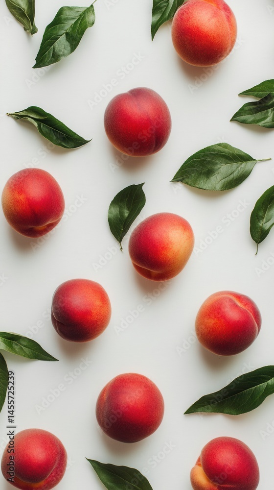 Poster fresh peaches with green leaves on a white background creating a simple and elegant pattern