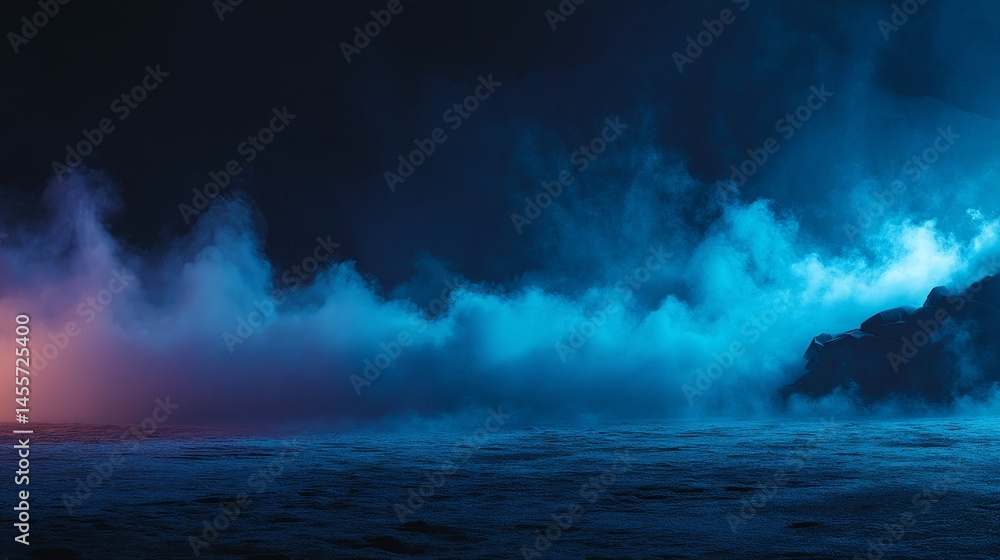 Poster a low-angle view captures swirling mist formations illuminated by dramatic backlighting, set against