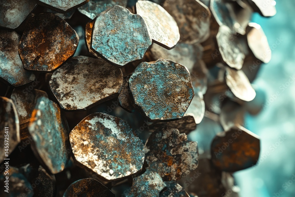 Poster a close-up view of weathered metal objects with textured surfaces and shades of brown, gray, and blu
