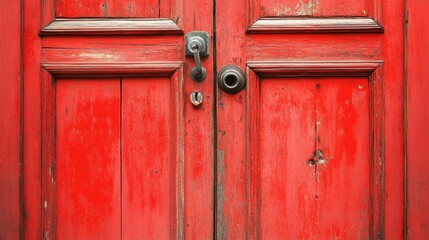 Aged red wooden door texture background weathered paint metal handle detail