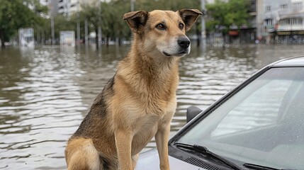 A calm dog sits atop a flooded car, observing the rising floodwater, embodying resilience in the face of an urban disaster.
