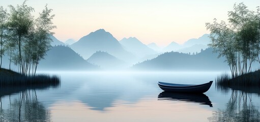 Serene Misty Mountain Lake with a Rowboat at Dawn