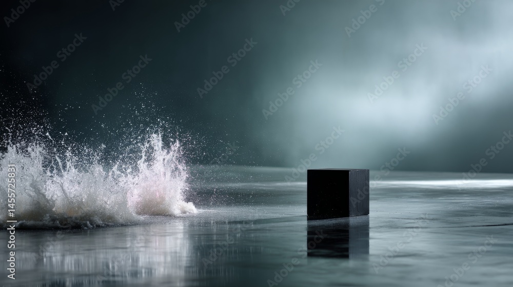 Poster Smooth black cube partially submerged in clear water creates a dynamic splash effect against a dark background, emphasizing texture and visual contrast