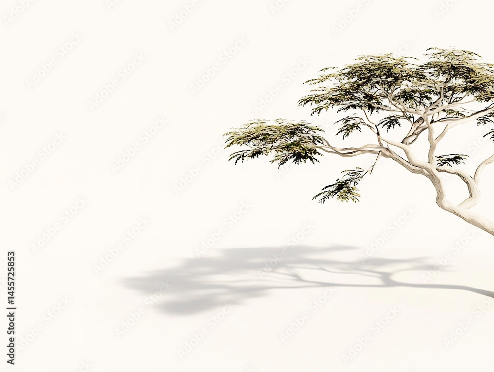 Poster lone stylized acacia tree casting soft shadow on a light minimal background with elegant curved trun