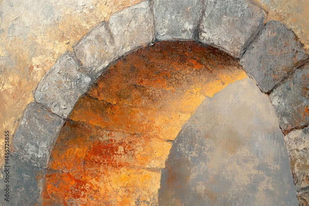 Poster rustic stone archway with warm orange tones contrasting with cool grey stone blocks in an abstract s