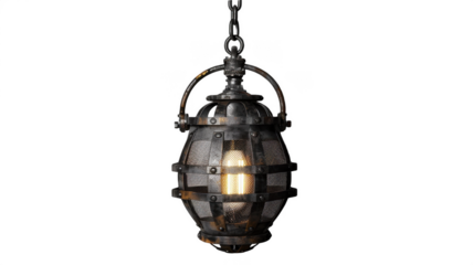 Industrial cage pendant light fixture vintage style hanging lamp design on transparent background