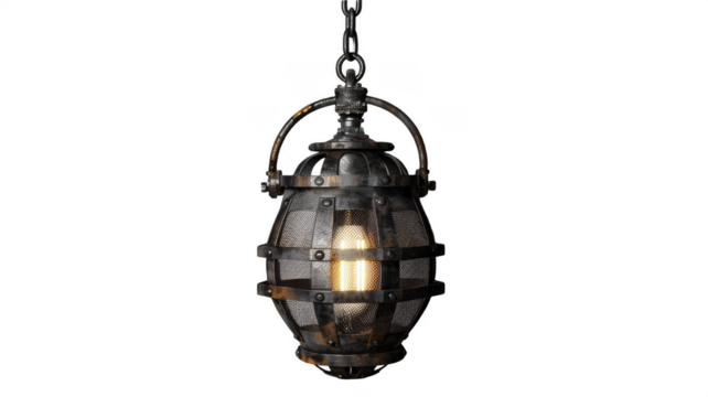 Industrial cage pendant light fixture vintage style hanging lamp design on transparent background