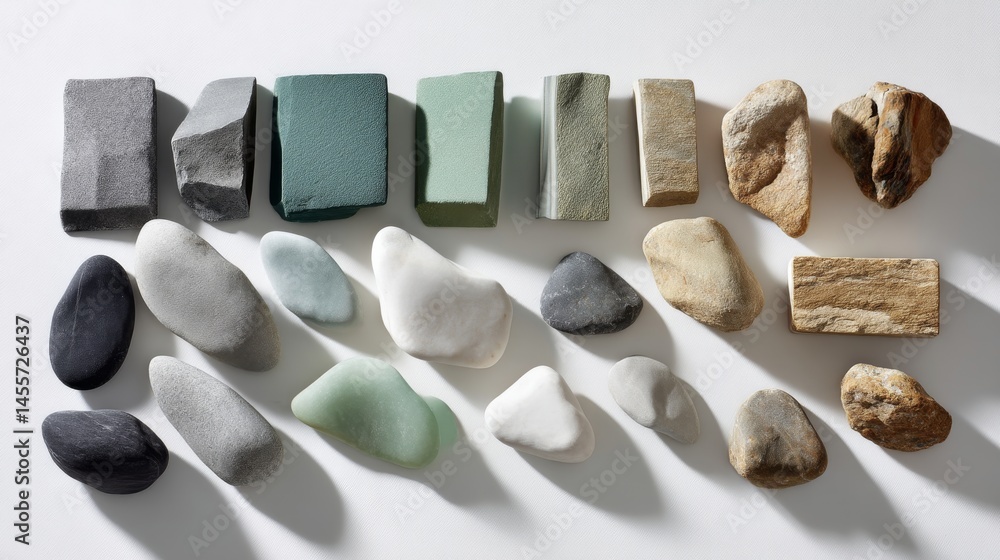 Poster Varied smooth river rocks of different sizes are arranged on a white background, creating an aesthetically pleasing display with soft shadows