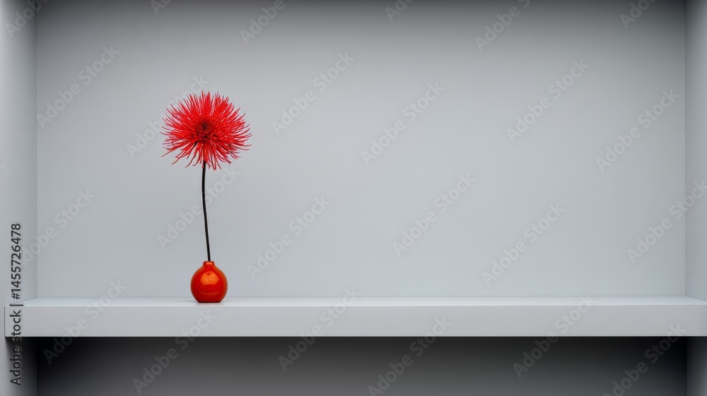 Aufkleber A striking red flower stands tall in a modern vase on a simple white shelf. The clean background enhances the minimalist aesthetic, perfect for product display
