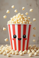 Cute Kawaii Popcorn Bucket with Smiling Face and Popping Kernels
