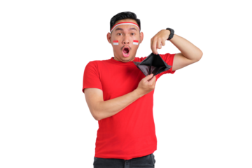 Unhappy young Asian man celebrating Indonesian independence day showing empty wallet isolated on transparent background