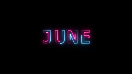 Animation of glowing neon shine month name June text icon animation. 4k animated on black background