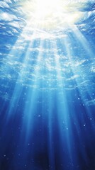 Naklejka premium Ethereal Underwater Sunlight Beams Illuminating the Ocean Depths with Sparkling Particles and Gentle Ripples