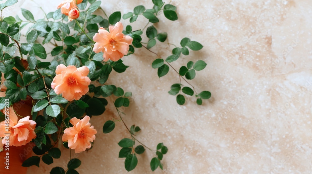 Aufkleber Lush apricot peonies and delicate vines create a romantic border set against a soft cream background, providing elegant detail and copy space on the left