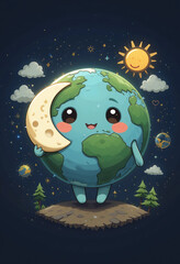 Earth Character with Clouds, Trees, and Stars Holding Hands with Kawaii Moon and Sun – 2D Vector Art