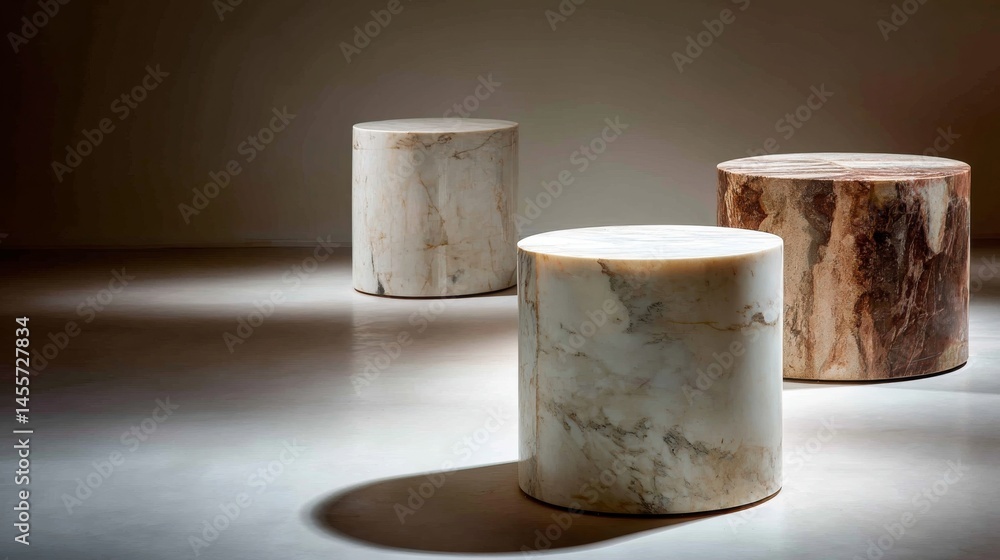 Leinwandbilder three round marble podiums of varying heights are positioned on a neutral surface, illuminated softl