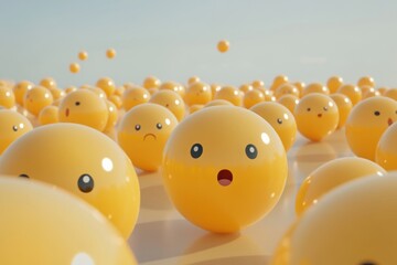 group of rounded yellow emojis with various expressions, floating on plain backdrop
