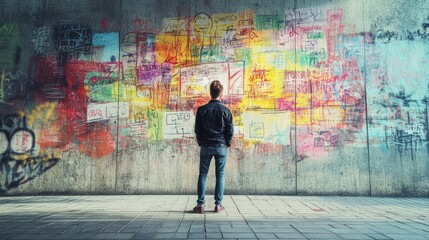 Vivid graffiti wall with diverse messages and colors, evoking creative expression and social critique in an urban setting.