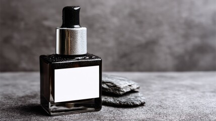 Dark amber glass dropper bottle with blank label, sits on a textured gray surface next to smooth dark stones