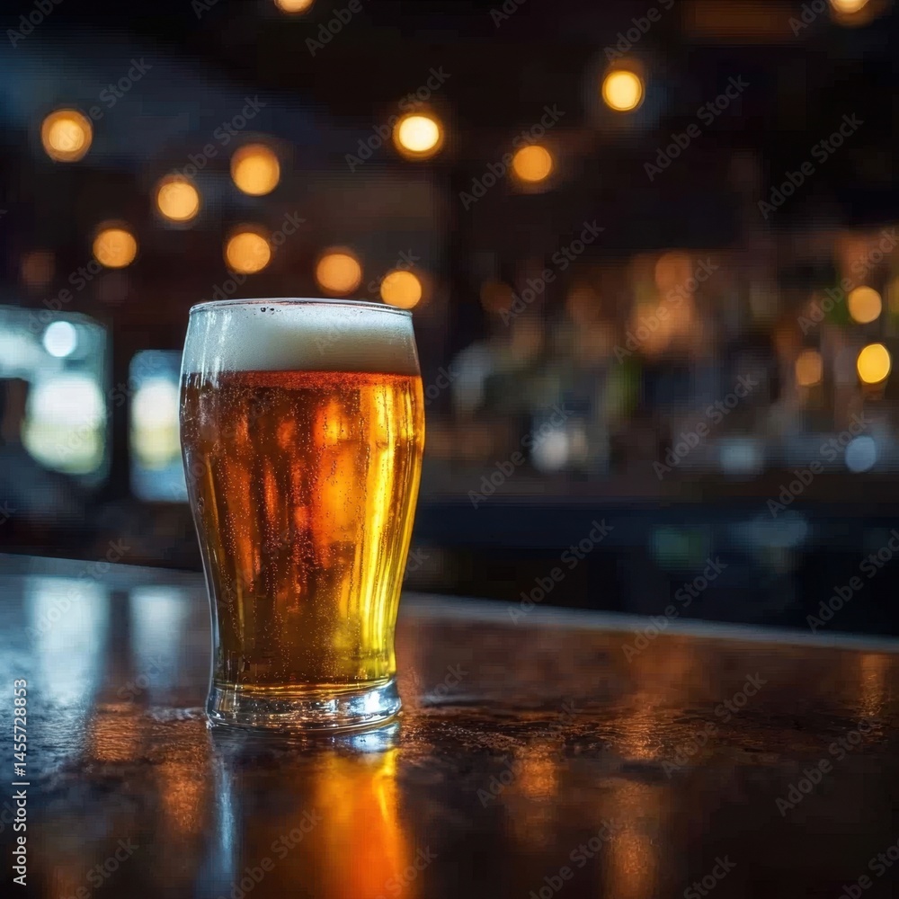 Poster refreshing pint of golden beer on a bar top with bokeh lights in the background scene