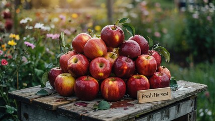 Fresh Harvest: Stacked Apples on Rustic Table with Garden Backdr