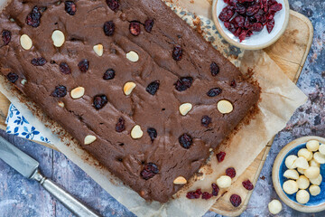 Chocolate brownies with macadamia nut and dried cranberries